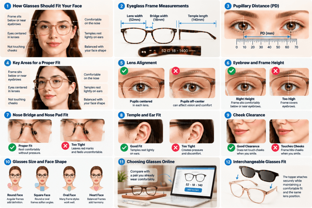 How glasses should fit your face infographic showing proper eyeglass fit, including frame position, lens alignment, nose pad comfort, temple fit, cheek clearance, and choosing the right glasses size.