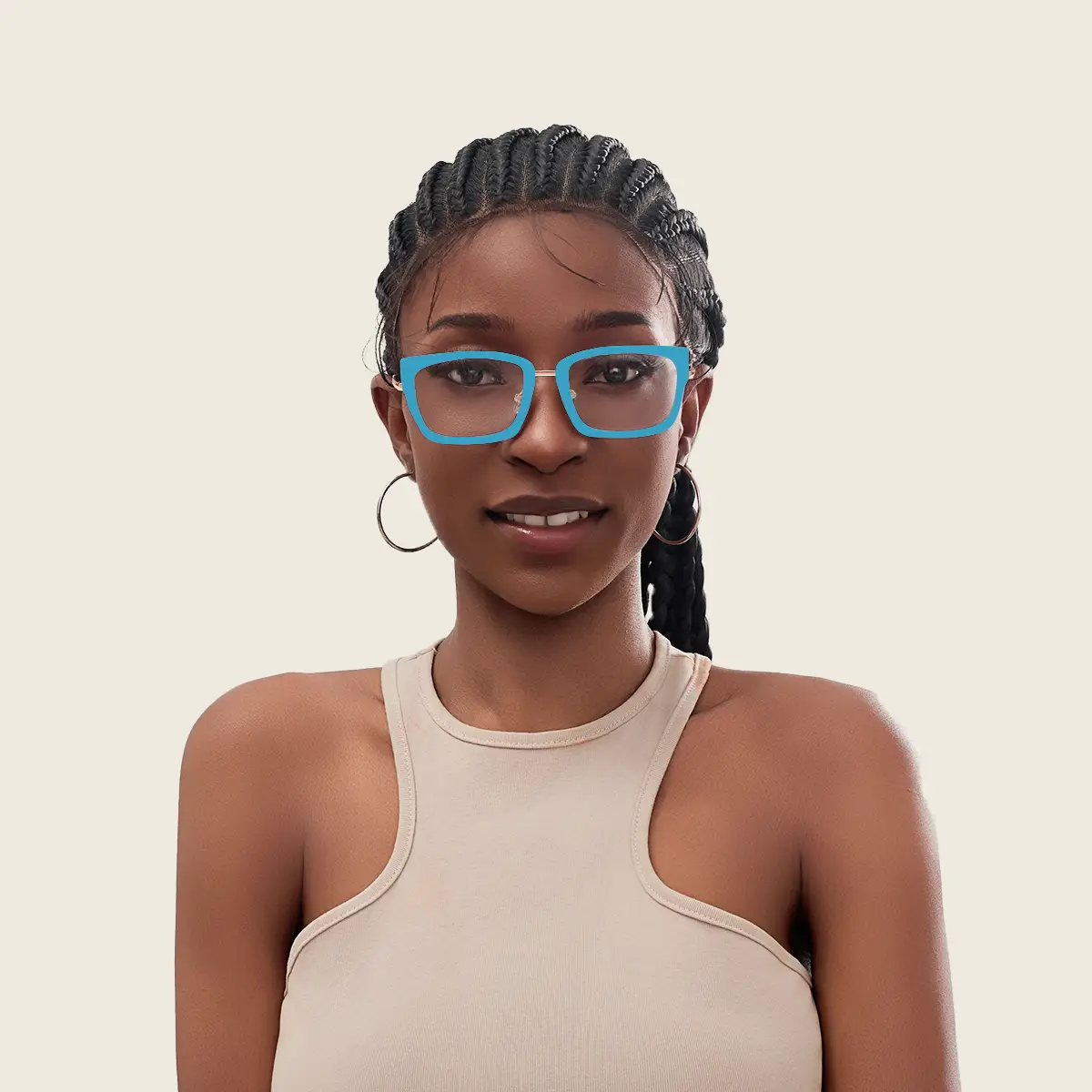 A beautiful Black woman wears XCombo Glasses front view with Rose Gold base and top frame s11