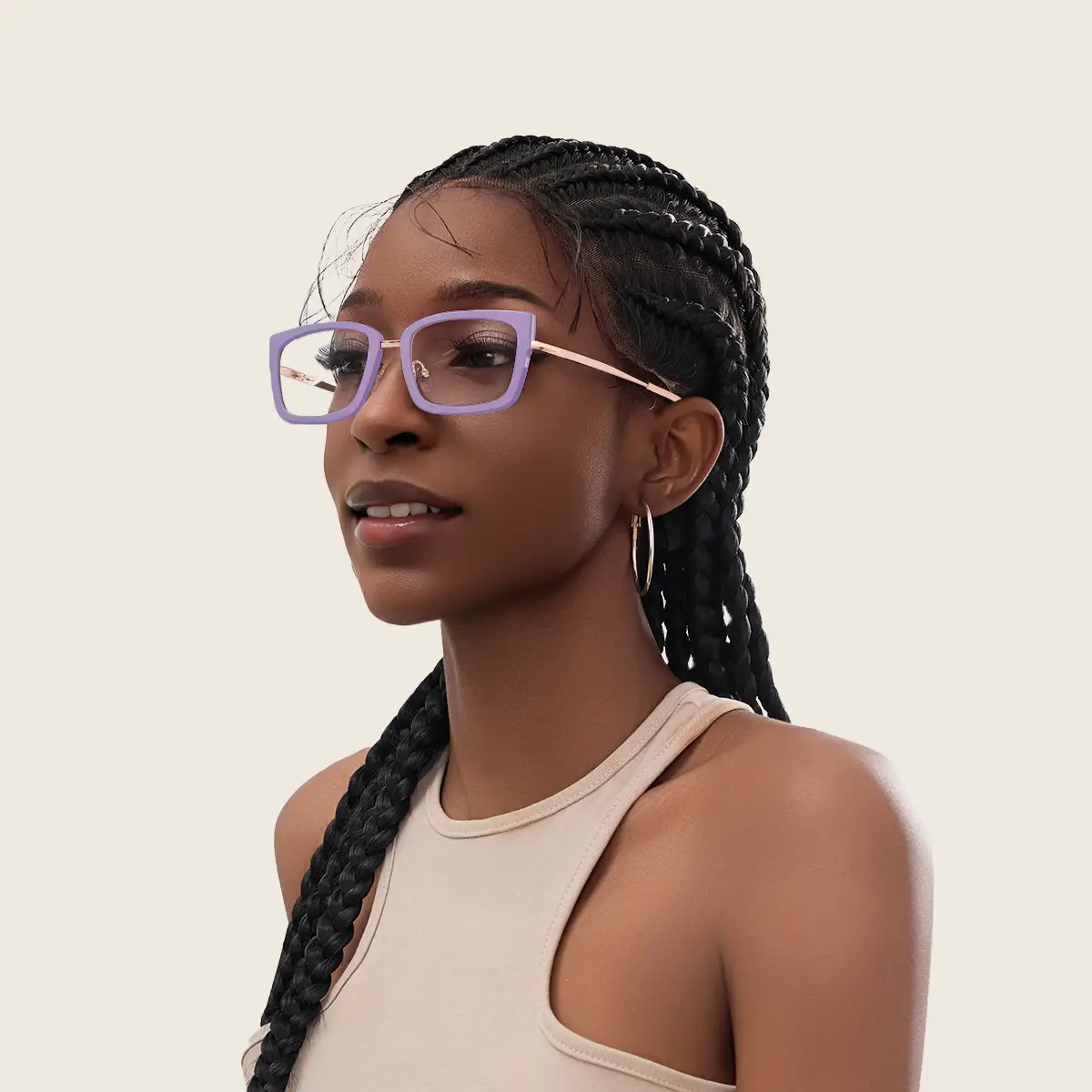 A beautiful Black woman wears XCombo Glasses right angle view with Rose gold base and top frame s16