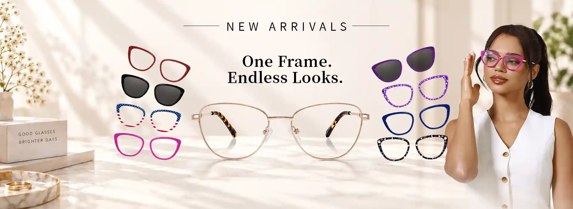 XCombo Aura metal base frame displayed with colorful and sun interchangeable eyewear toppers, with a model wearing a pink cat-eye topper