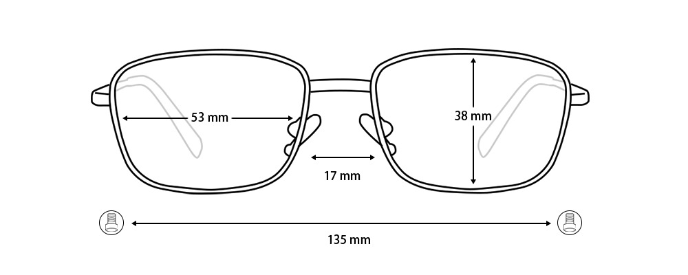 Diagram showing XCombo Soline rectangle metal base frame measurements including lens width, lens height, bridge width, and temple length