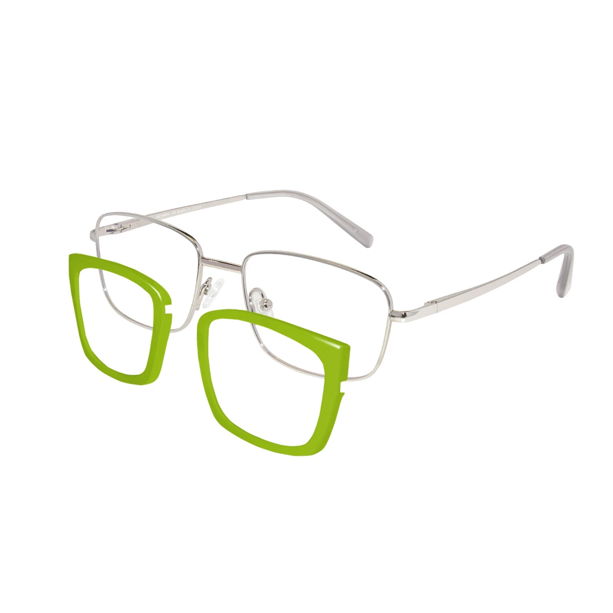 xcombo-soline-metallic-silver-base-lime-green-top-frame-angle-left-split XCombo Soline Combo Glasses in Metallic Silver, rectangle metal base frame with Lime Green Top Frame, angle left split view