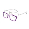 xcombo-soline-metallic-silver-base-translucent-grape-top-frame-angle-left-split XCombo Soline Combo Glasses in Metallic Silver, rectangle metal base frame with Translucent Grape Top Frame, angle left split view