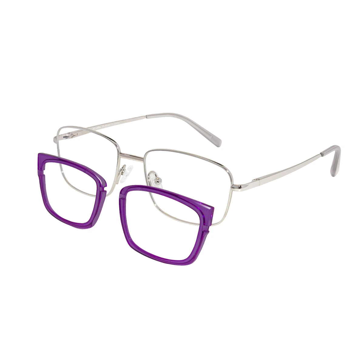 XCombo Soline Combo Glasses in Metallic Silver, rectangle metal base frame with Translucent Grape Top Frame, angle left split view