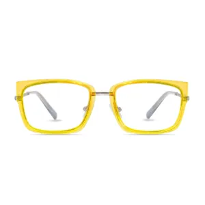 XCombo Glasses in Metallic Silver, rectangle metal base frame with Translucent Sunshine Yellow Toppers, front view