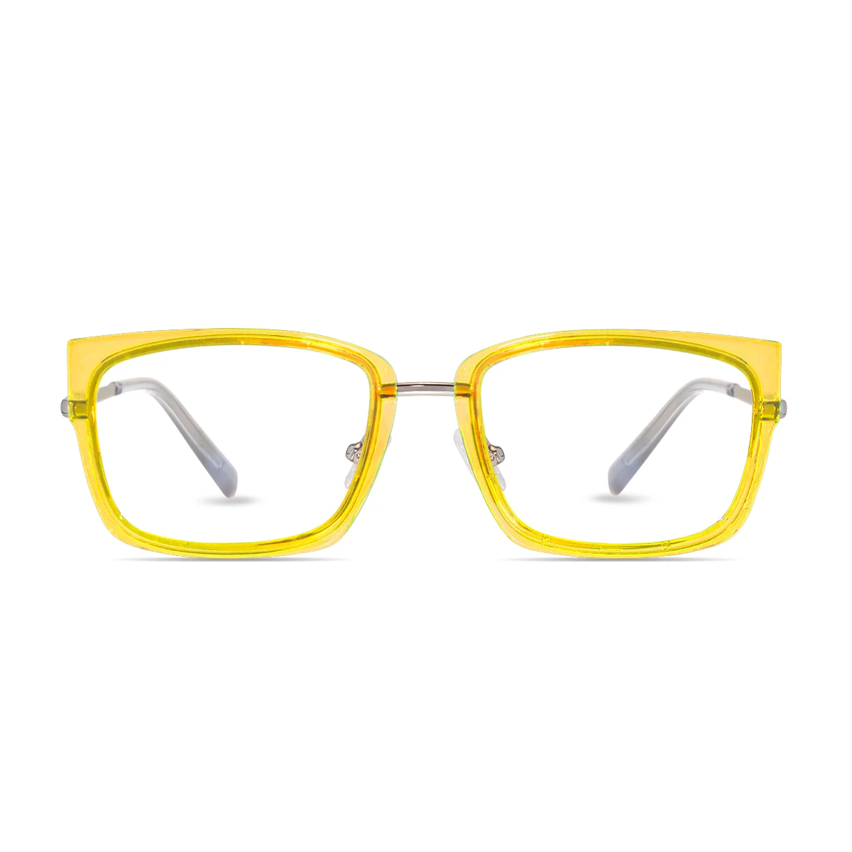 XCombo Glasses in Metallic Silver, rectangle metal base frame with Translucent Sunshine Yellow Toppers, front view