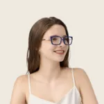 A long hair beautiful woman wears XCombo Glasses left angle view with Metallic Silver base and top frame s13