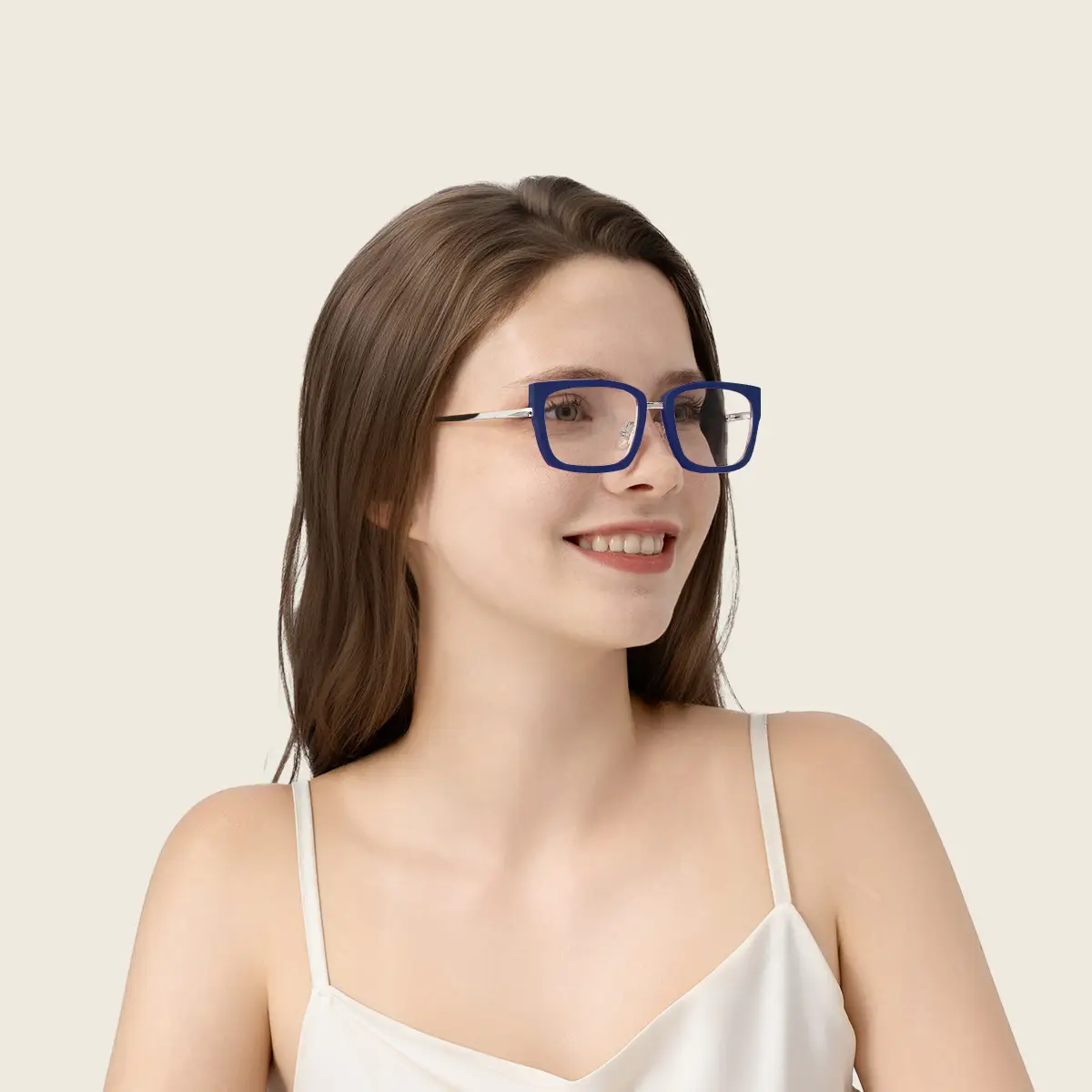 A long hair beautiful woman wears XCombo Glasses left angle view with Metallic Silver base and top frame s13
