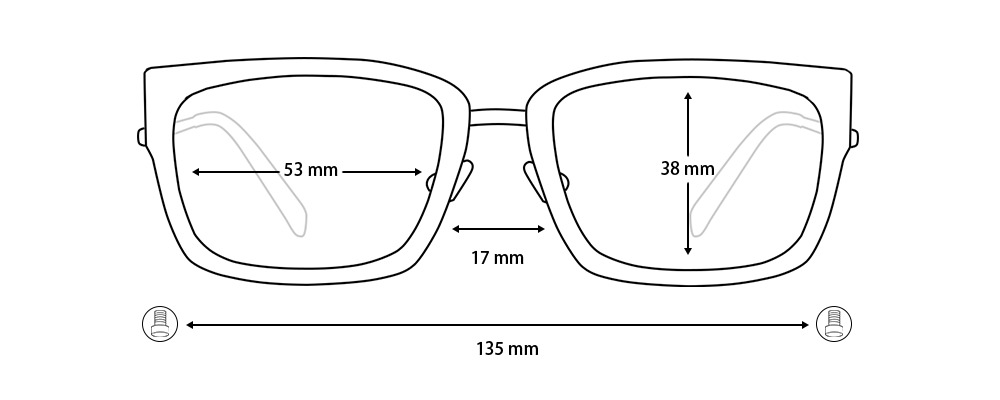 Diagram showing XCombo Soline modular glasses frame measurements including lens width, lens height, bridge width, and temple length