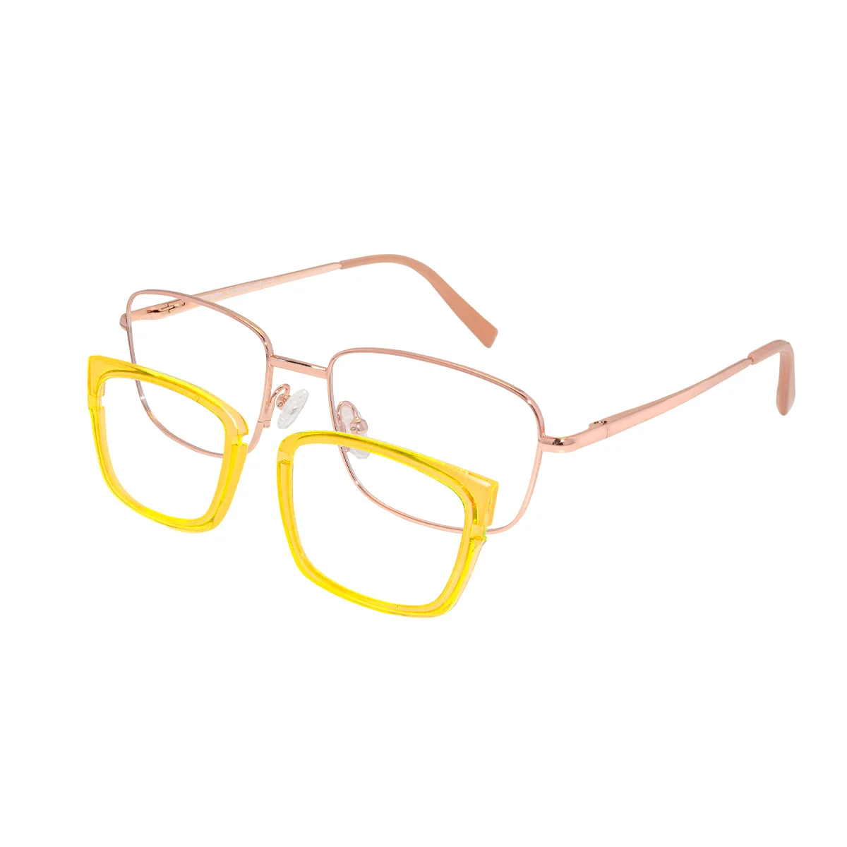 XCombo Soline Combo Glasses in Rose Gold, rectangle metal base frame with Translucent yellow Top Frame, angle left split view