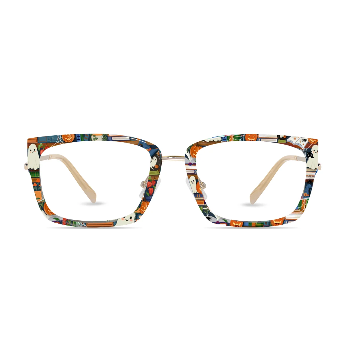XCombo Soline Combo Glasses in Light Gold, rectangle metal base frame with Canvas Series Halloween Collection Top Frame, front view PH06 spooky duo
