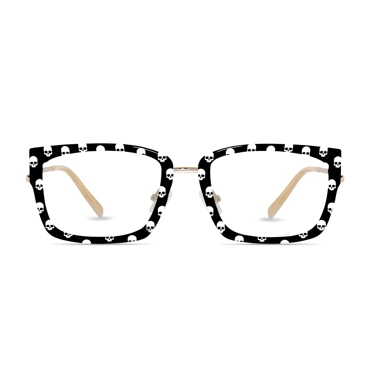 XCombo Soline Combo Glasses in Light Gold, rectangle metal base frame with Canvas Series Halloween Collection Top Frame, front view PH13 skull storm