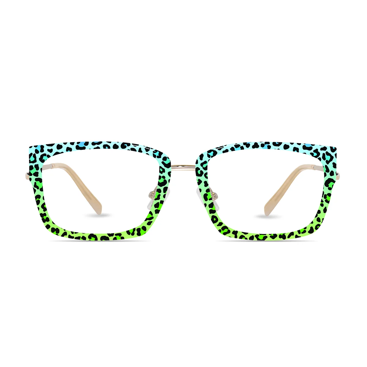 XCombo Eyewear, Soline Combo Glasses in Light Gold rectangle metal base frame with Canvas Series Leopard Collection Top Frame, front view pa09