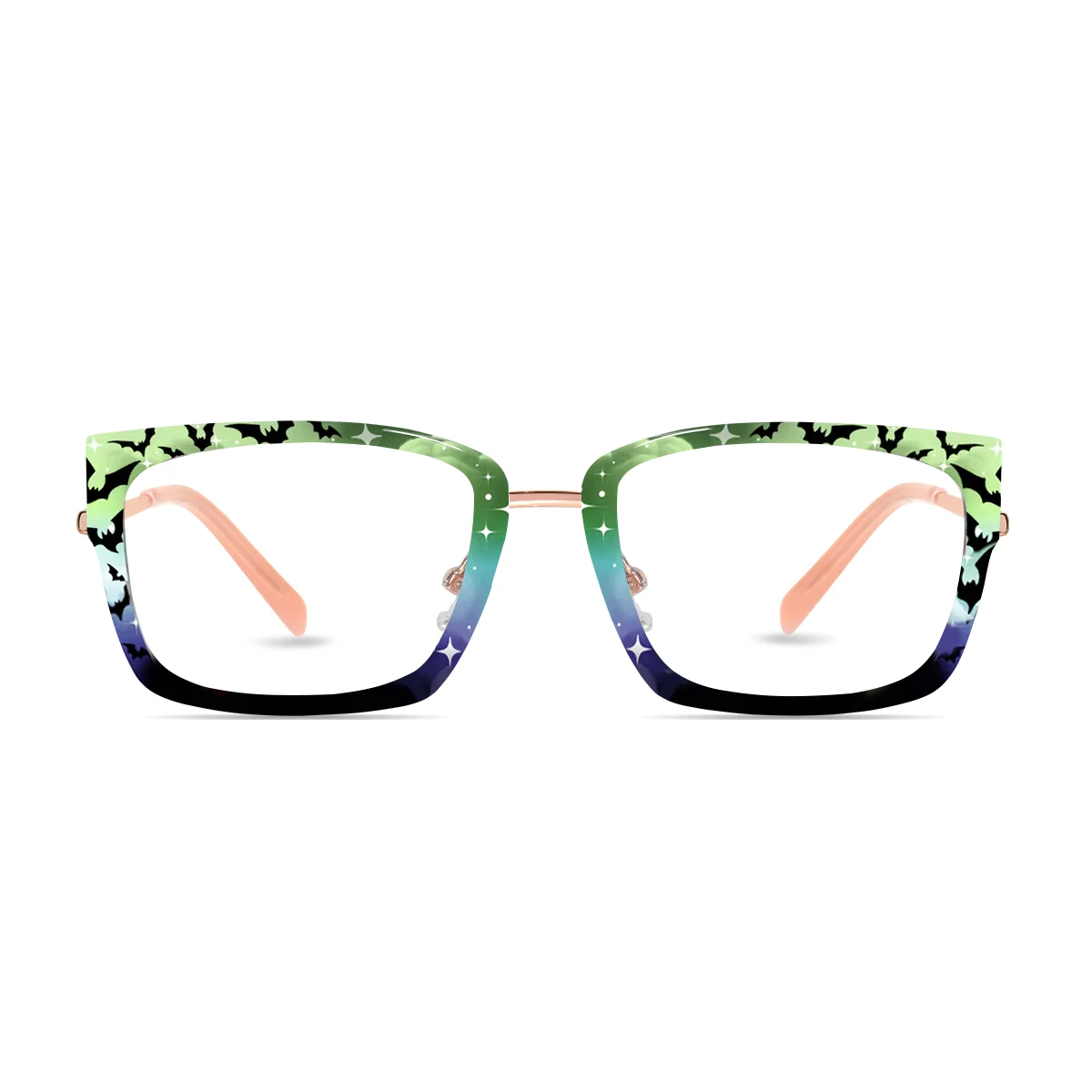 XCombo Soline Combo Glasses in Rose Gold, rectangle metal base frame with Canvas Series Halloween Collection Top Frame, front view , PH04 night sky bat