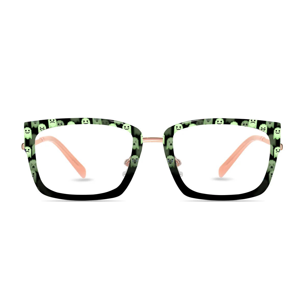 XCombo Soline Combo Glasses in Rose Gold, rectangle metal base frame with Canvas Series Halloween Collection Top Frame, front view , PH08 mint ghost