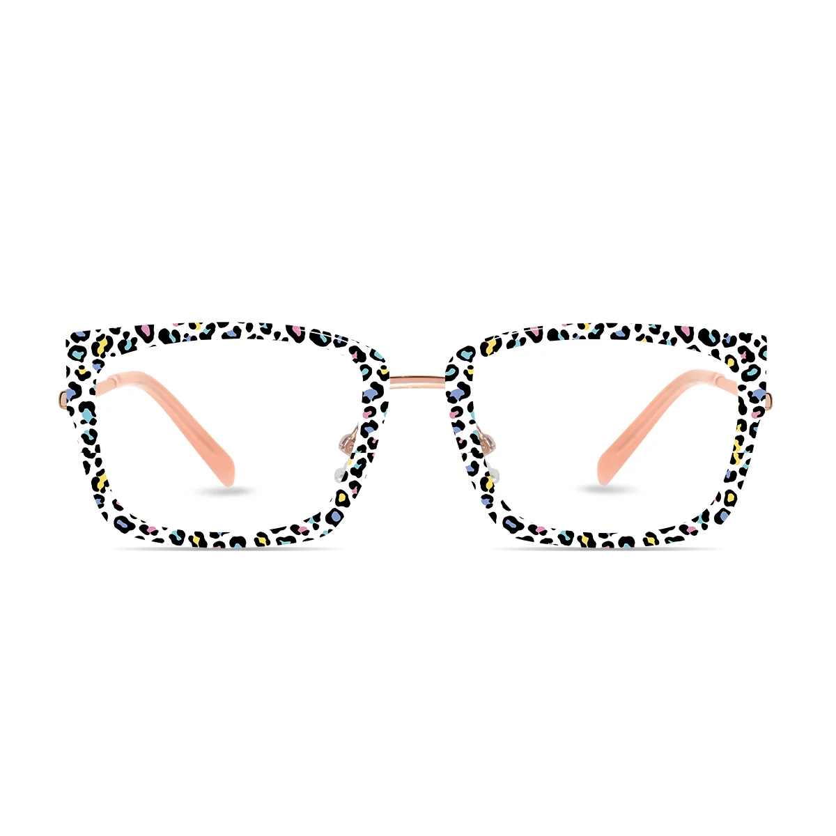 XCombo Eyewear, Soline Combo Glasses in Rose Gold rectangle metal base frame with Canvas Series Leopard Collection Top Frame, front view pa07