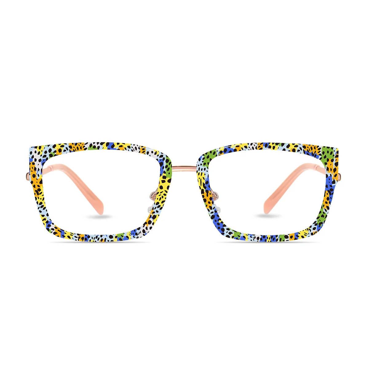 XCombo Eyewear, Soline Combo Glasses in Rose Gold rectangle metal base frame with Canvas Series Leopard Collection Top Frame, front view pa28