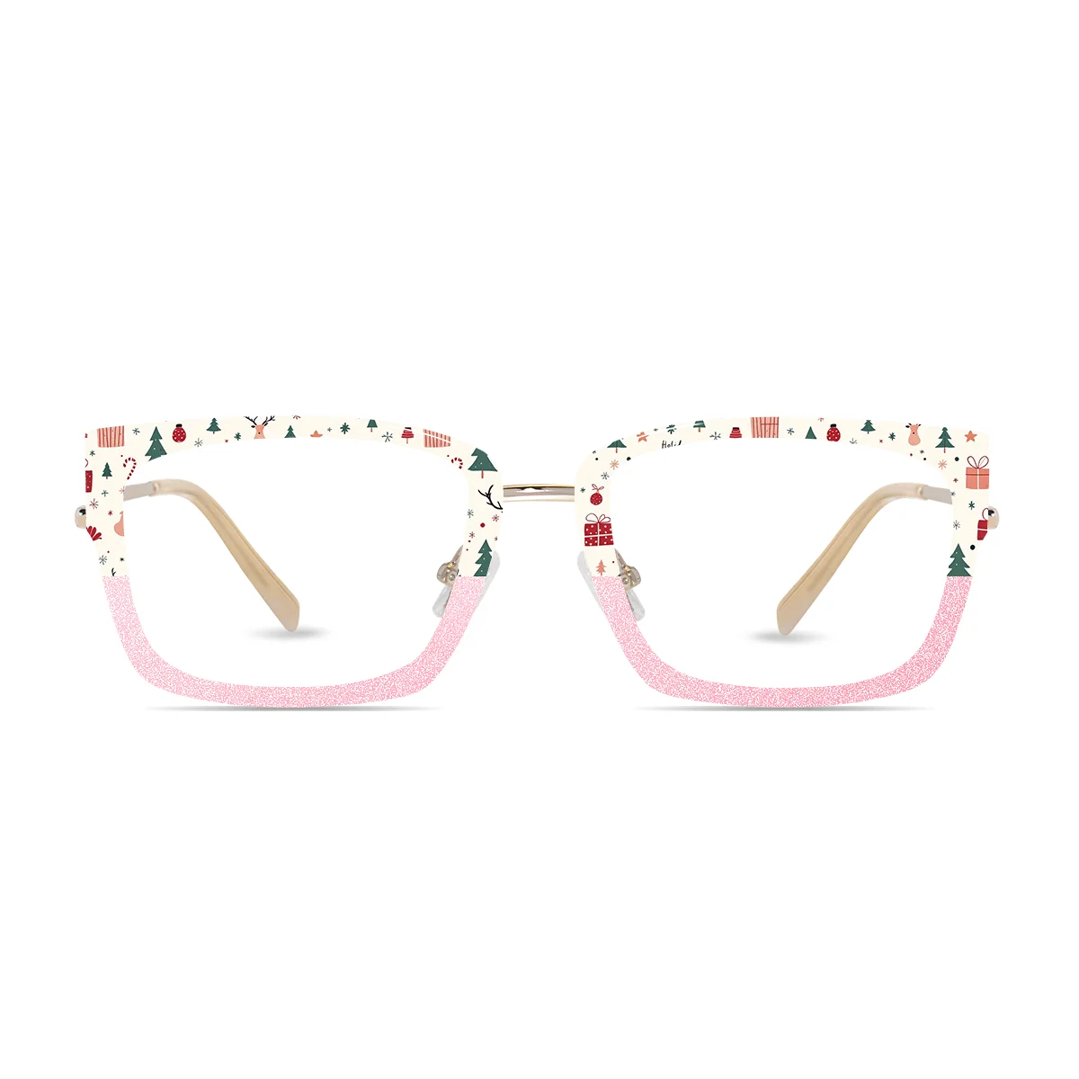 XCombo Eyewear, Soline Combo Glasses in Light Gold rectangle metal base frame with Canvas Series Christmas Collection Top Frame, front view fc42