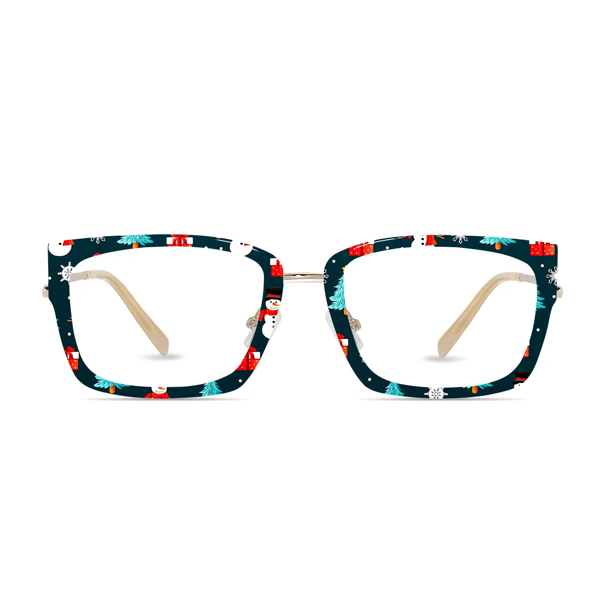 XCombo Eyewear, Soline Combo Glasses in Light Gold rectangle metal base frame with Canvas Series Christmas Collection Top Frame, front view fc50