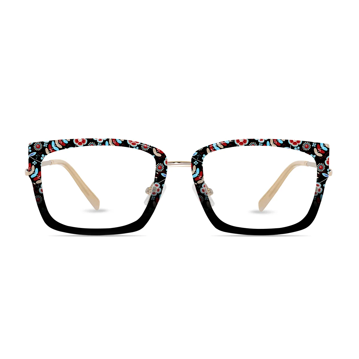 XCombo Eyewear, Soline Combo Glasses in Light Gold rectangle metal base frame with Canvas Series Flower Collection Top Frame, front view pf01