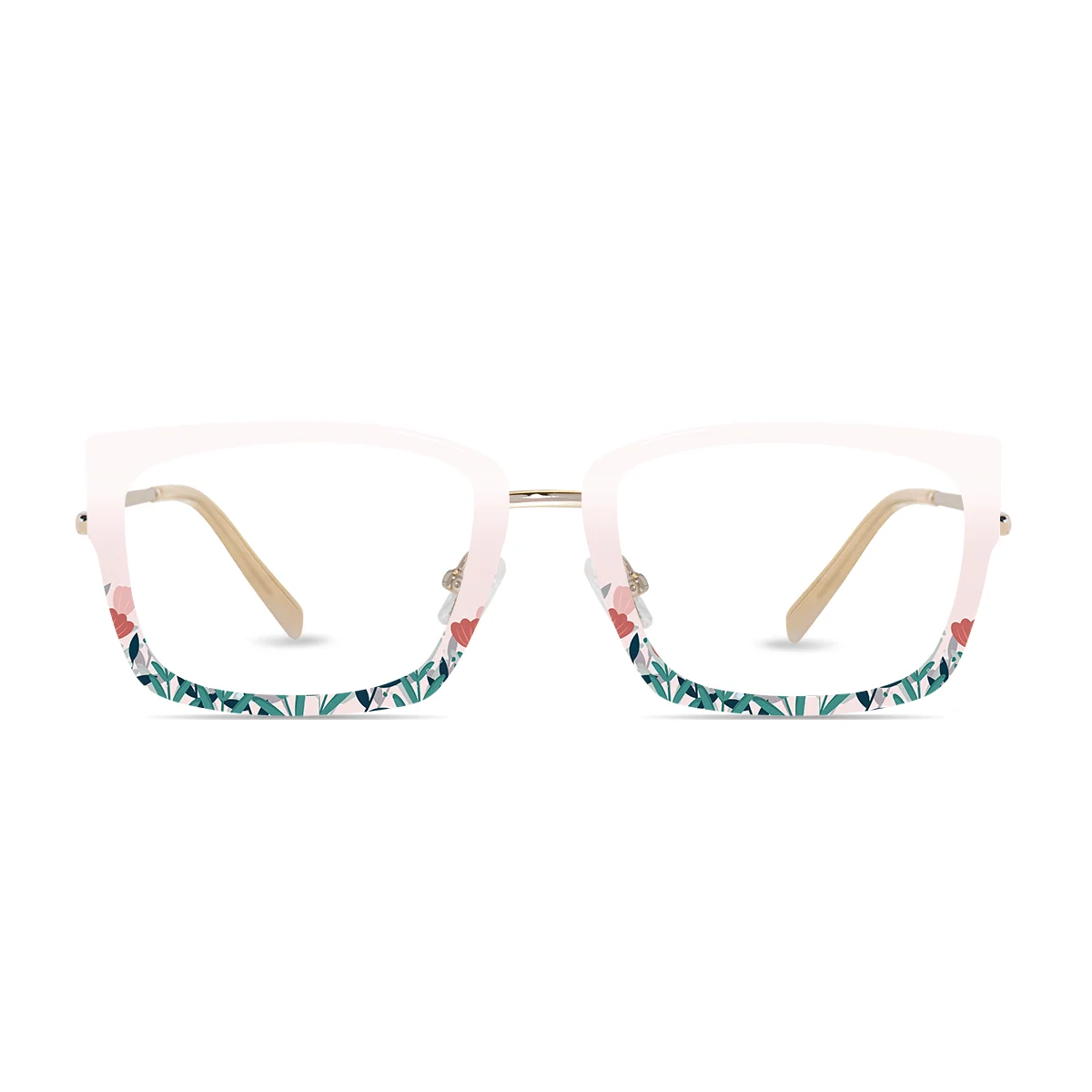 XCombo Eyewear, Soline Combo Glasses in Light Gold rectangle metal base frame with Canvas Series Flower Collection Top Frame, front view pf13