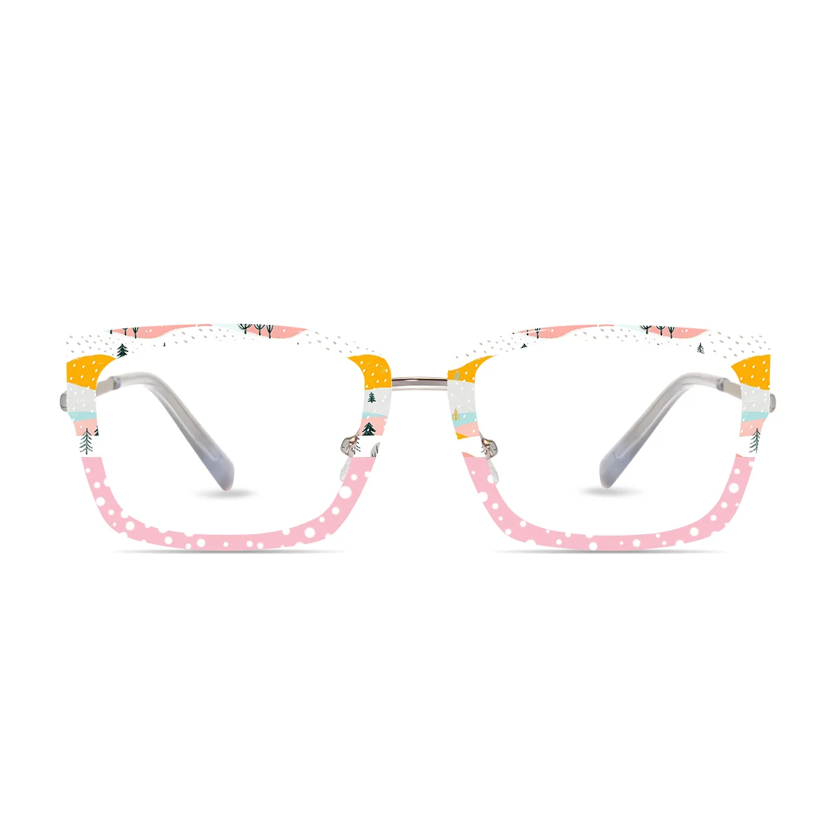 XCombo Eyewear, Soline Combo Glasses in Metallic Silver rectangle metal base frame with Canvas Series Christmas Collection Top Frame, front view fc39