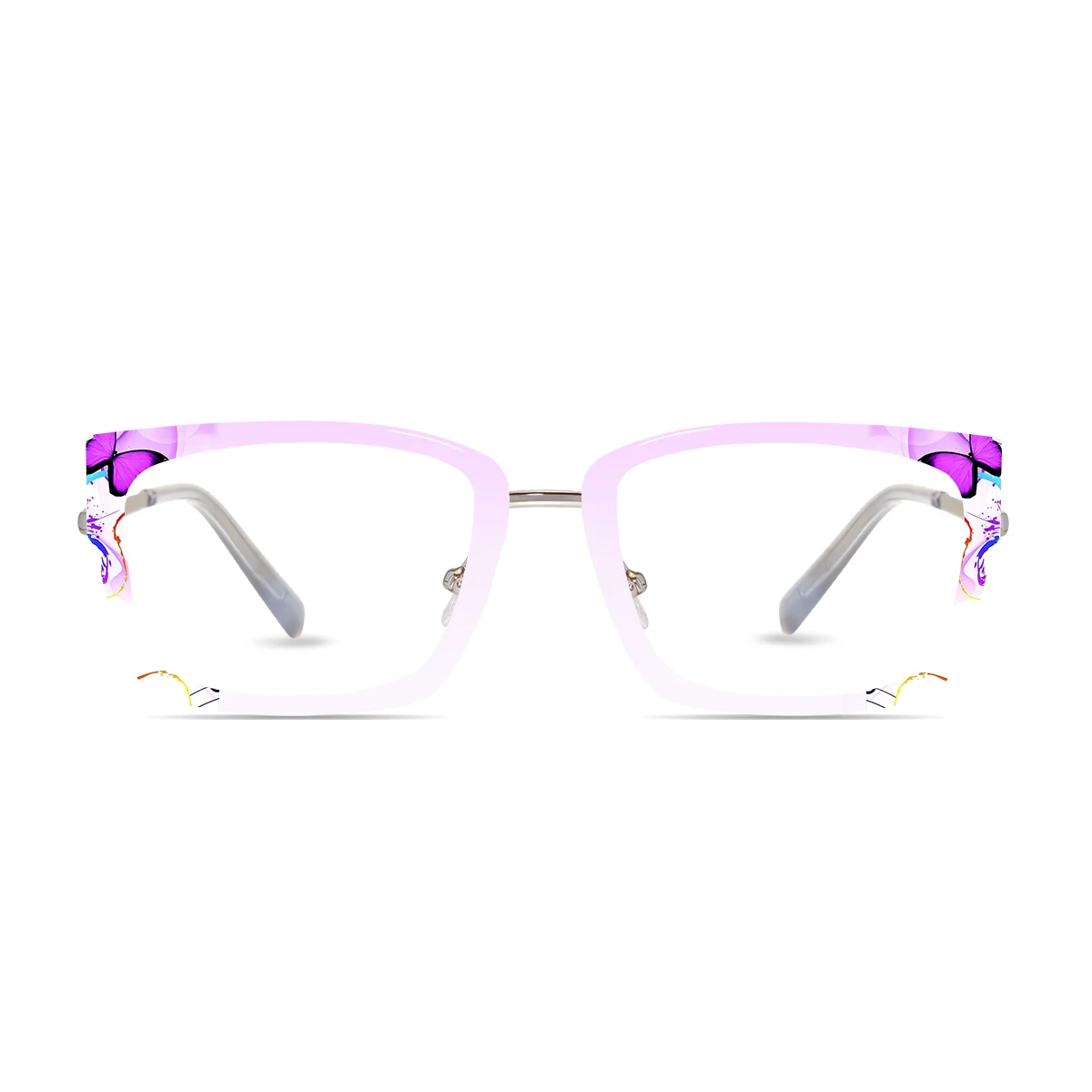 XCombo Eyewear, Soline Combo Glasses in Metallic Silver rectangle metal base frame with Canvas Series Butterfly Collection Top Frame, front view pb20