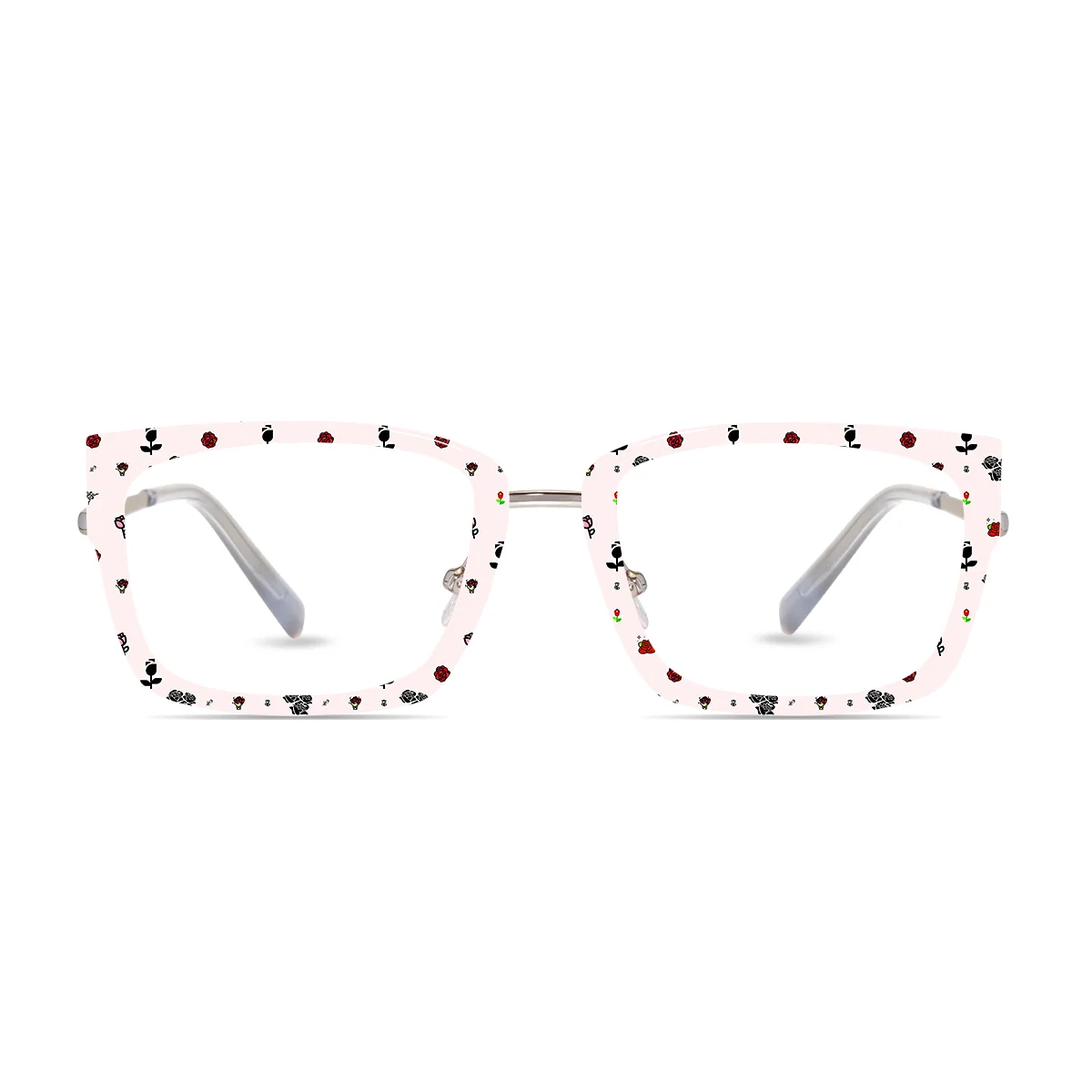 XCombo Eyewear, Soline Combo Glasses in Metallic Silver rectangle metal base frame with Canvas Series Flower Collection Top Frame, front view pf02