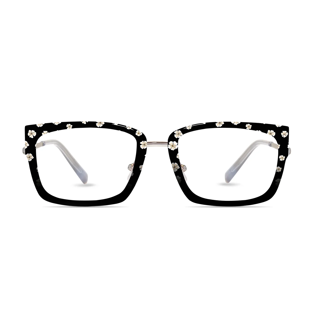 XCombo Eyewear, Soline Combo Glasses in Metallic Silver rectangle metal base frame with Canvas Series Flower Collection Top Frame, front view pf17