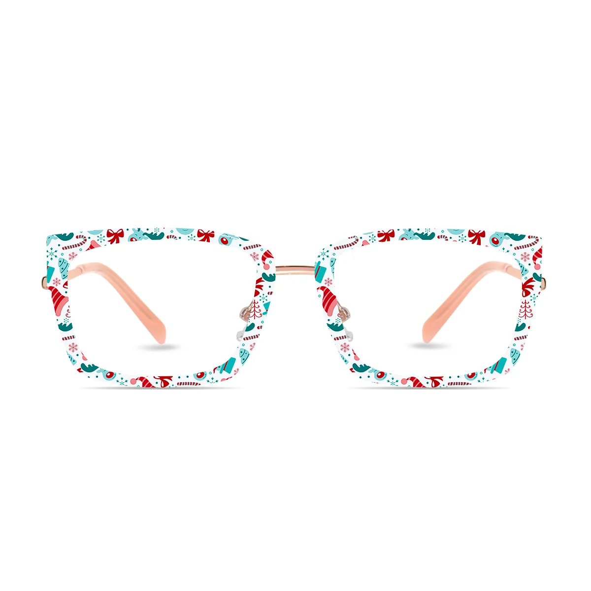 XCombo Eyewear, Soline Combo Glasses in Rose Gold rectangle metal base frame with Canvas Series Christmas Collection Top Frame, front view fc40