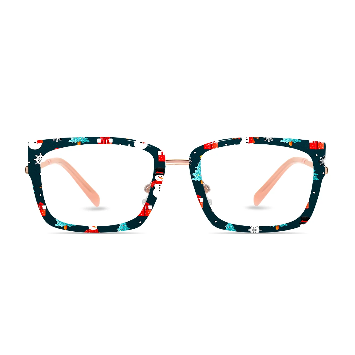 XCombo Eyewear, Soline Combo Glasses in Rose Gold rectangle metal base frame with Canvas Series Christmas Collection Top Frame, front view fc50