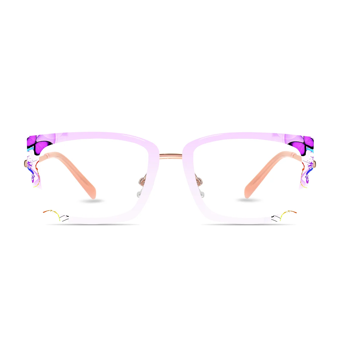 XCombo Eyewear, Soline Combo Glasses in Rose Gold rectangle metal base frame with Canvas Series Butterfly Collection Top Frame, front view pb20