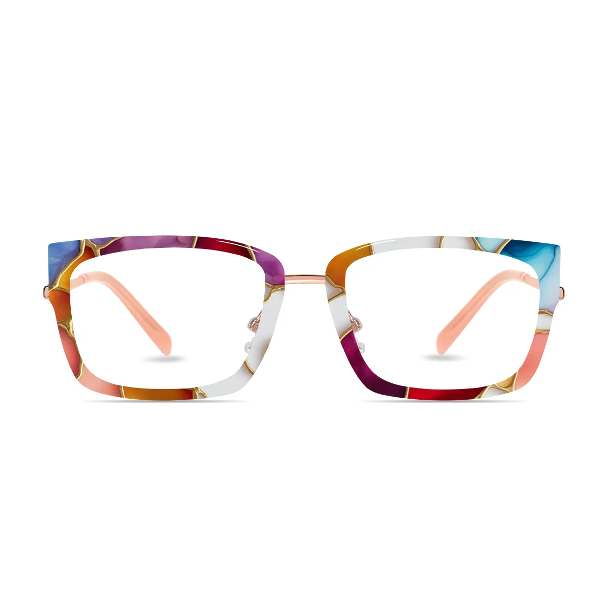 XCombo Soline Combo Glasses in Rose Gold, rectangle metal base frame with Stone Series Grid Collection Top Frame, front view pm28