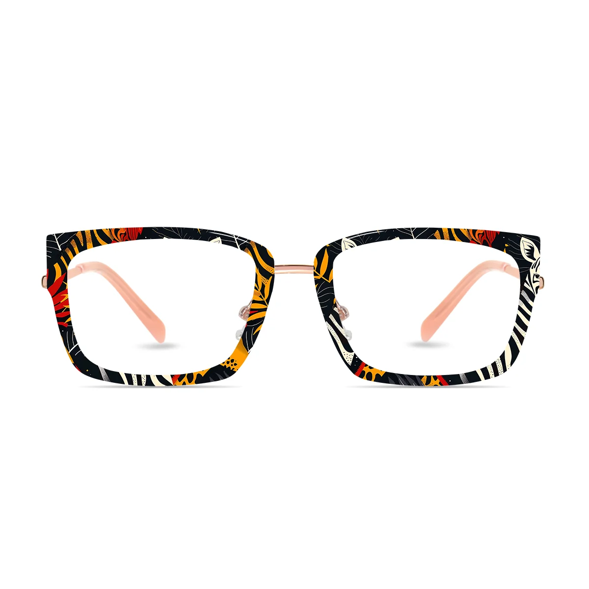 XCombo Eyewear, Soline Combo Glasses in Rose Gold rectangle metal base frame with Canvas Series Zebra Collection Top Frame, front view pz19