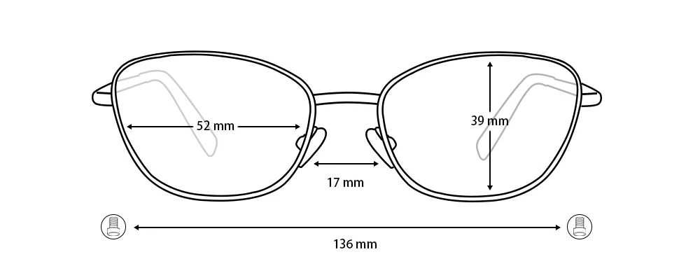 Diagram showing XCombo Mira cat eye metal base frame measurements, including lens width, lens height, bridge width, and temple length.