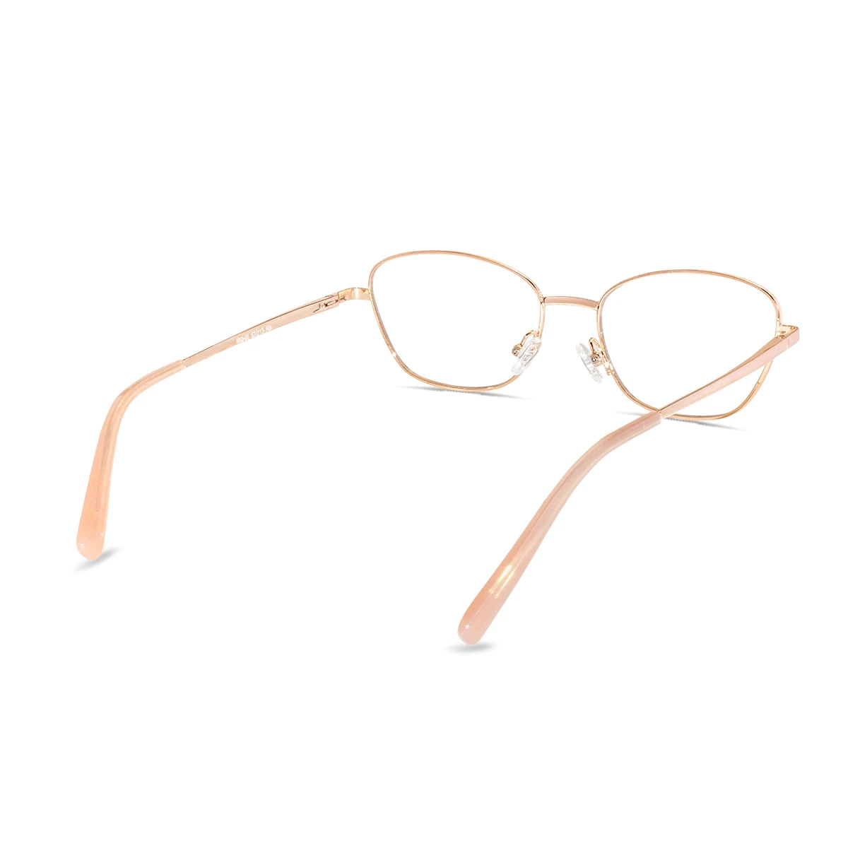 xcombo-mira-rose-gold-base-frame-angle-right Mira large metal cat-eye base frame in Rose Gold by XCombo, top-right perspective view. Base frame compatible with hundreds of Mira series top frames, durable and lightweight metal design.