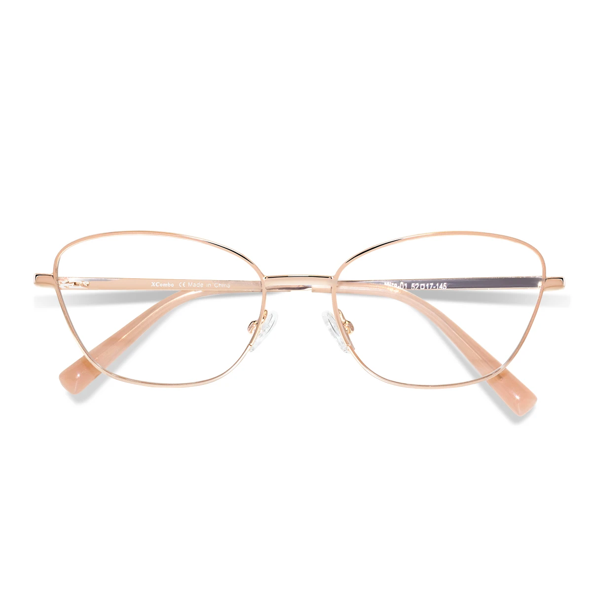 xcombo-mira-rose-gold-base-frame-front-2 Mira large metal cat-eye base frame in Rose Gold by XCombo, front view with folded temples. High-quality metal, compatible with hundreds of Mira series top frames for versatile combinations.