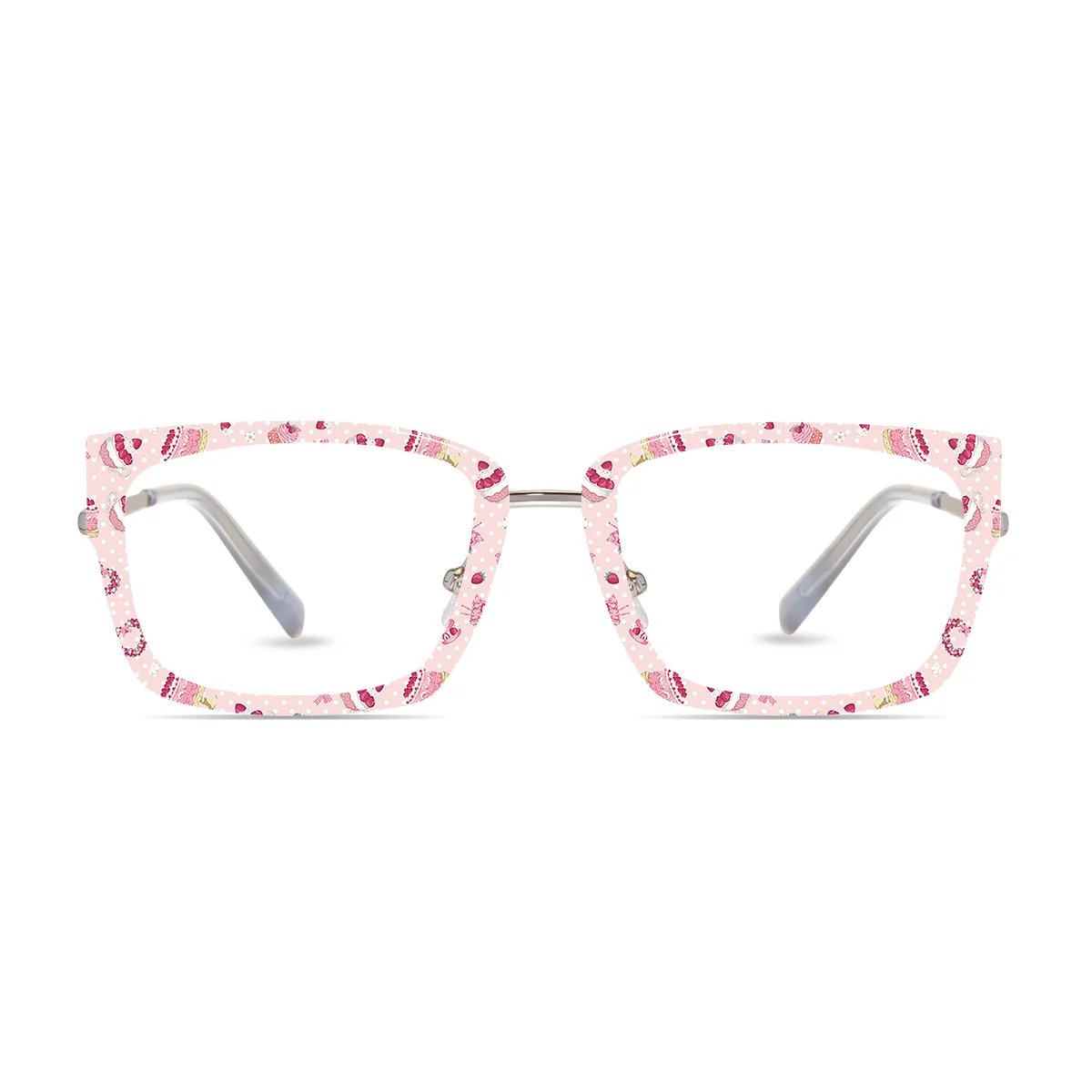 Playful cupcake themed topper on modular rectangle glasses front studio view
