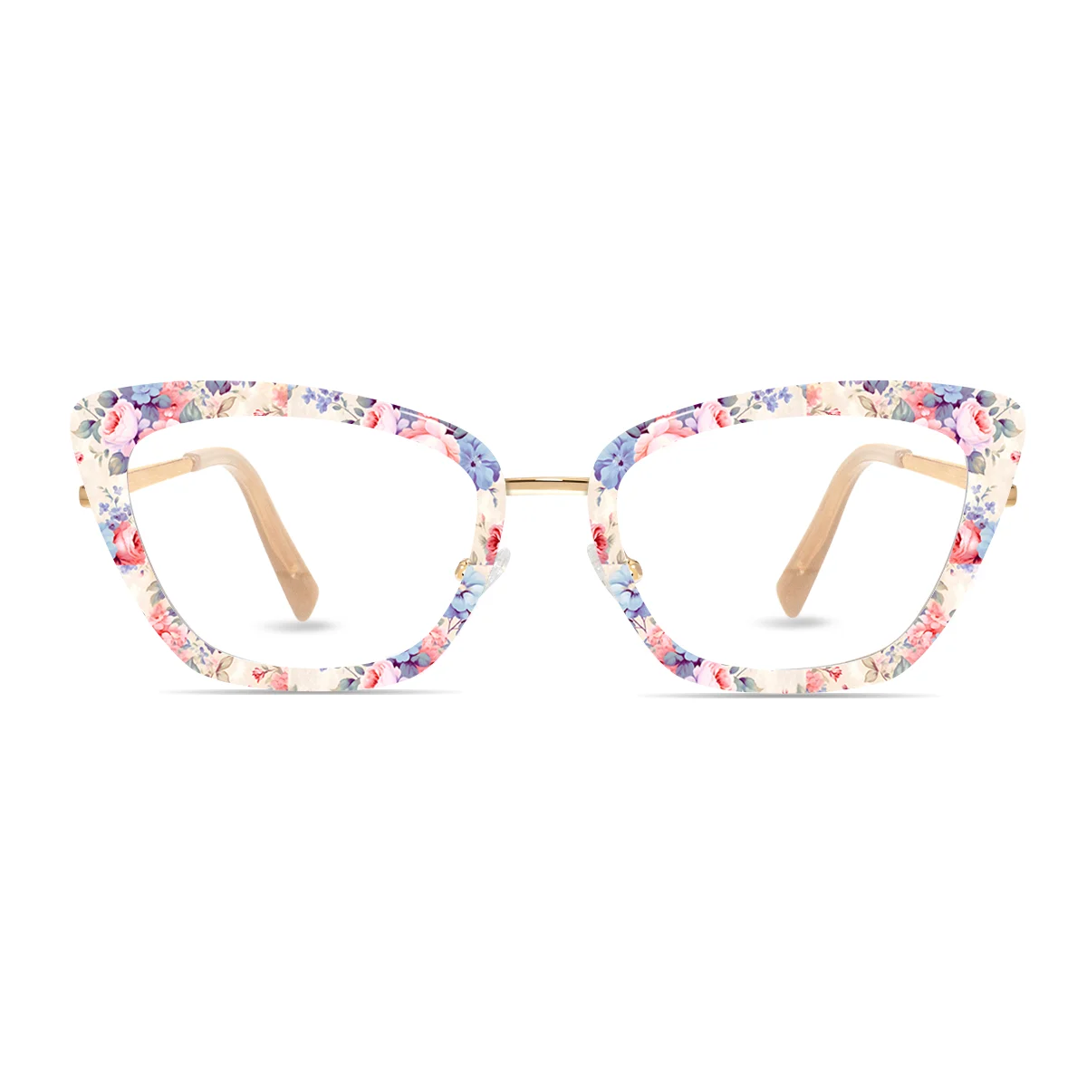 XCombo Mira Combo Glasses in Classic Gold, Cat Eye Metal base frame with Flower Series Top Frame / Topper, front view , PF05