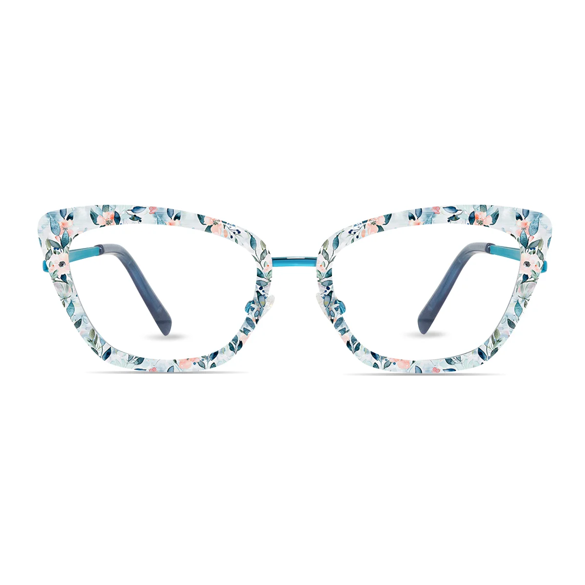 XCombo Mira Combo Glasses in Ice Blue, Cat Eye Metal base frame with Flower Series Top Frame / Topper, front view , PF12