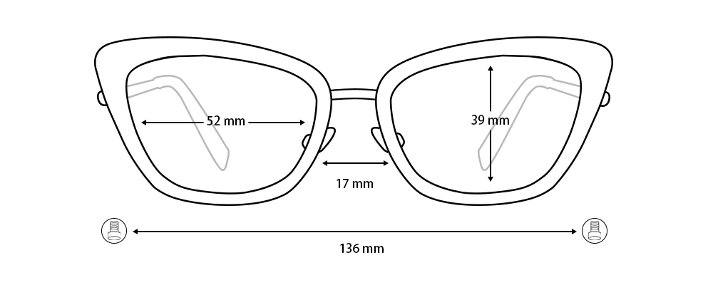 Diagram showing XCombo Mira Cat eye modular glasses frame measurements including lens width, lens height, bridge width, and temple length