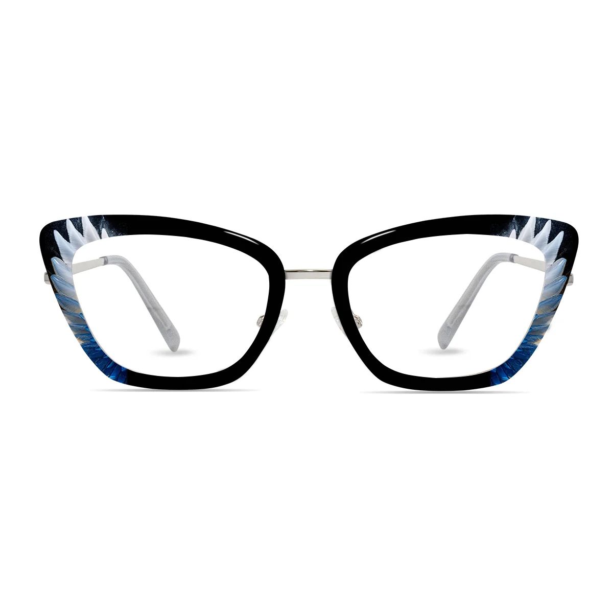 XCombo Mira cat-eye eyeglasses front view with silver base frame and feather pattern Toppers