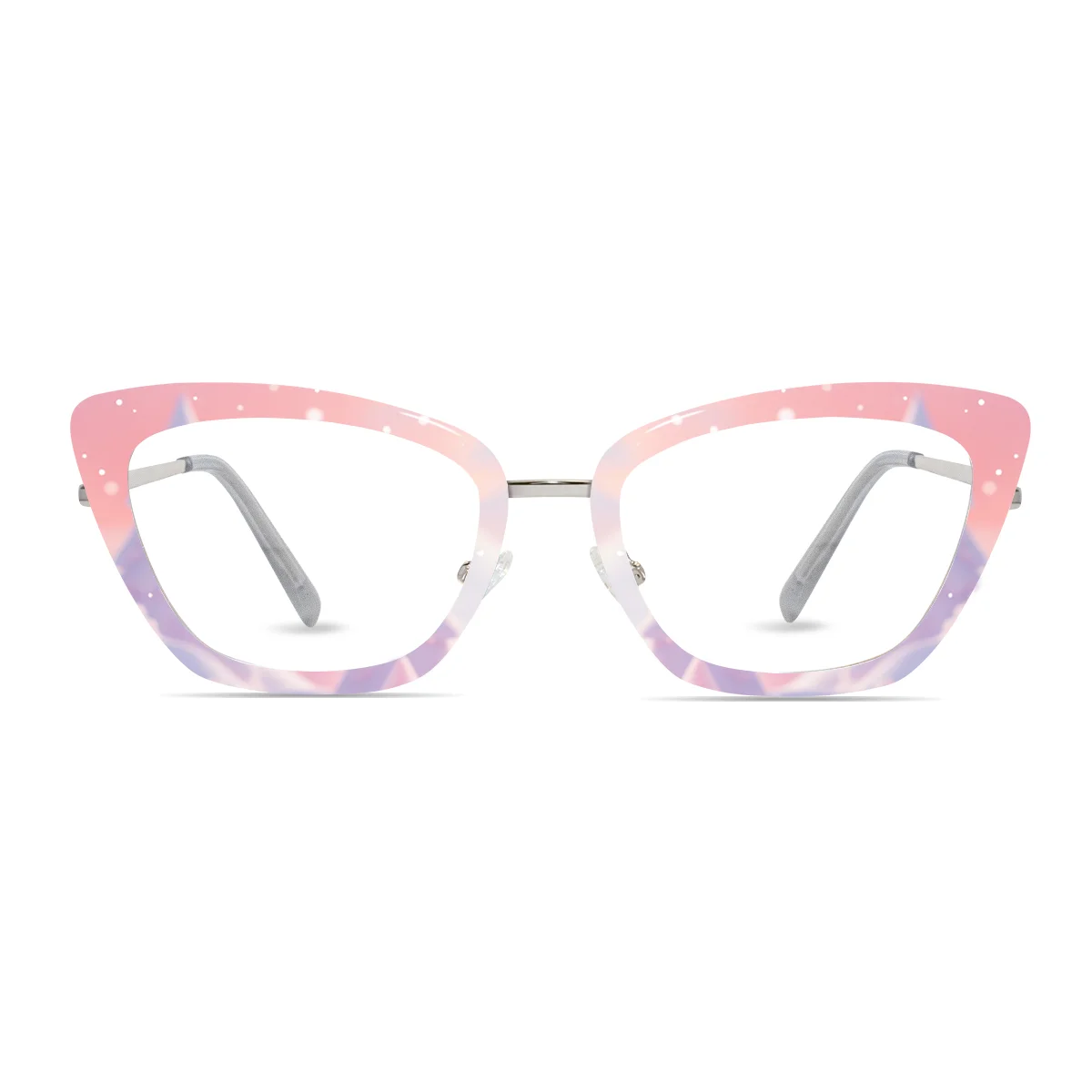 Silver cat-eye custom glasses with winter-themed toppers, custom eyewear modular design