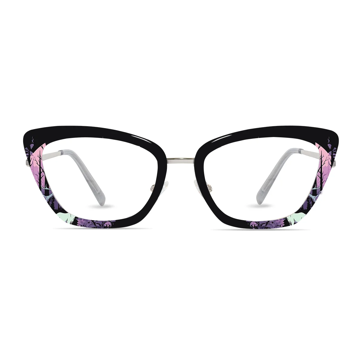 XCombo Mira cat-eye glasses featuring a silver frame with a nature-inspired forest design, shown from the front