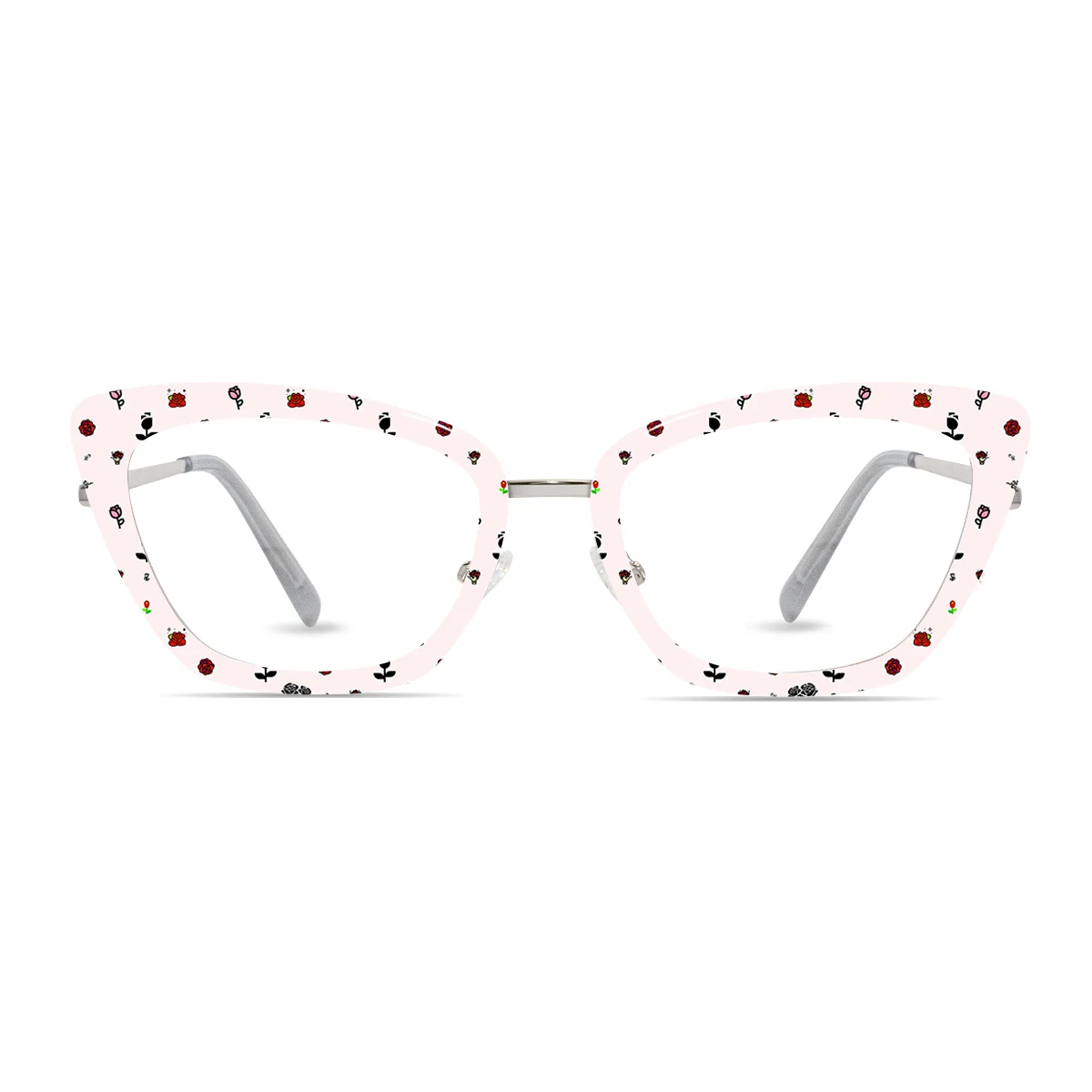 XCombo Mira Combo Glasses in Metallic Silver, Cat Eye Metal base frame with Flower Series Top Frame / Topper, front view , PF02