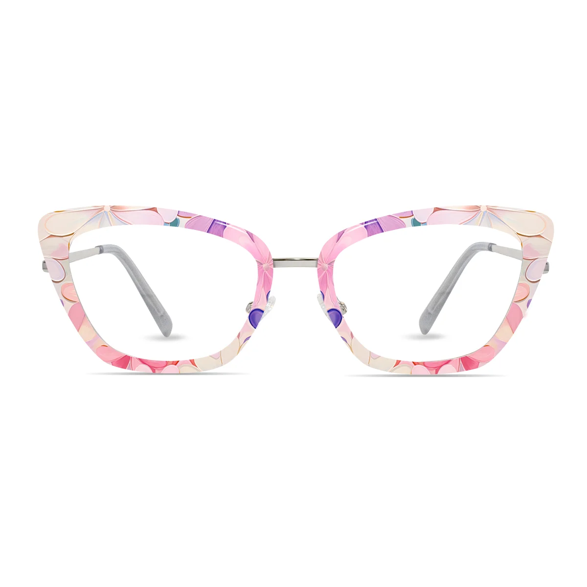 Front-facing XCombo Mira cat-eye frame in silver with an elegant petal motif design
