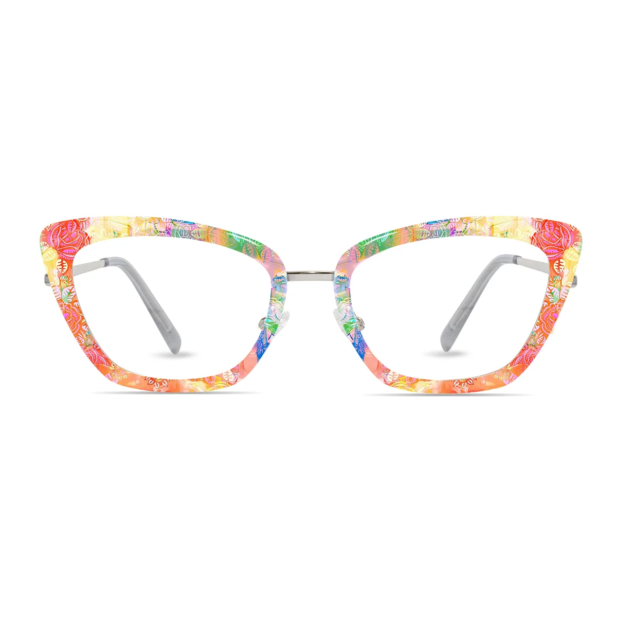 Silver cat-eye custom glasses with soft watercolor visual toppers, front combination view