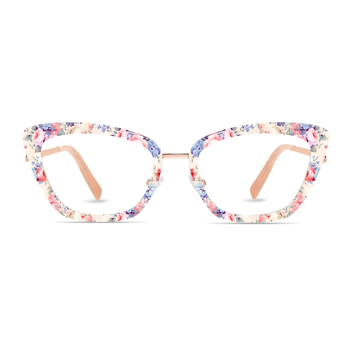 XCombo Mira Combo Glasses in Rose Gold, Cat Eye Metal base frame with Flower Series Top Frame / Topper, front view , PF05