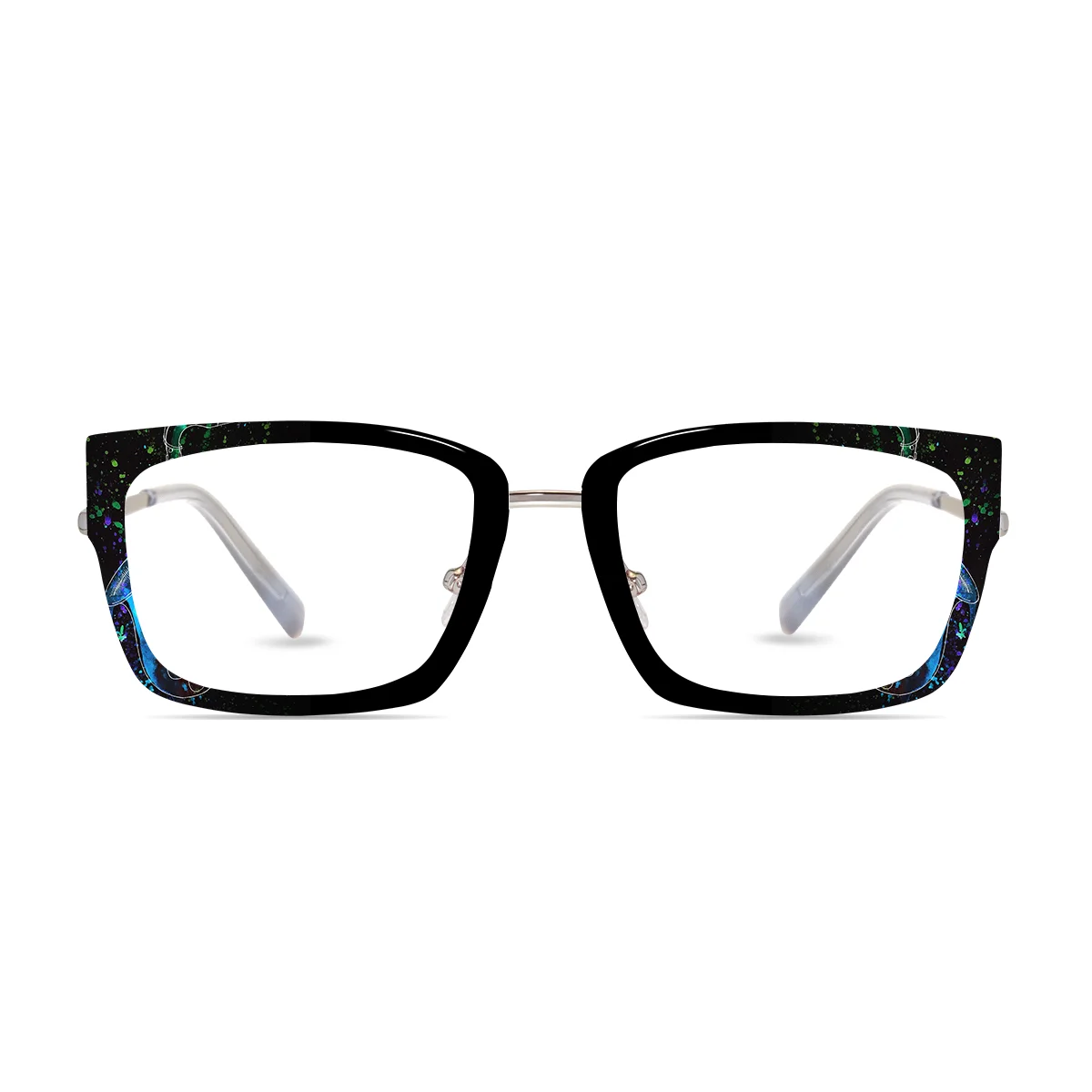 Xcombo custom eyewear silver rectangular glasses with watercolor-inspired topper design