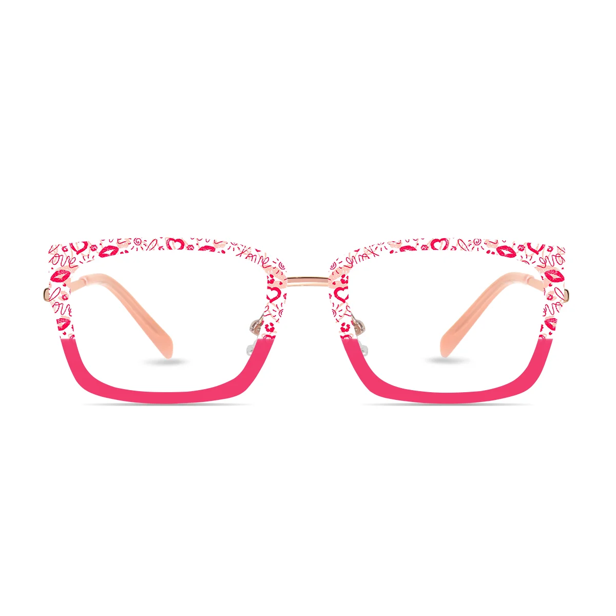 XCombo Soline Combo Glasses in Rose Gold, Wide Rectangle Metal base frame with Velvet Kiss Series Top Frame / Topper, front view , CK06